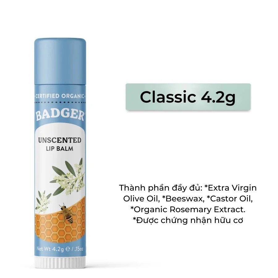 Son Dưỡng Môi Mềm Thiên Nhiên Hữu Cơ USDA Organic Lành Tính Không Màu Không Mùi BADGER - Classic Unscented Lip Balm 4.2g
