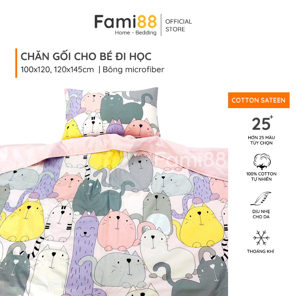 Chăn gối đi học cho bé gái mầm non tiểu học Fami88 Bedding, mền công chúa Elsa Disney Cotton Lụa 100% sợi tự nhiên