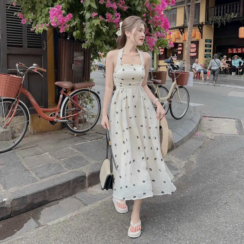 Đầm midi thướt tha chấm bi ( có mút, có lót ) tôn dáng giúp các nàng tự tin toả sáng