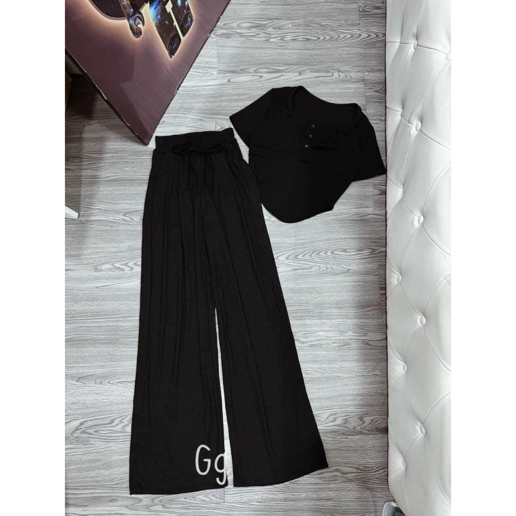 Sét bộ áo croptop cổ vuông cài nút vạt bầu phối quần ống rộng trơn cực hot , chất thun gân mềm mịn