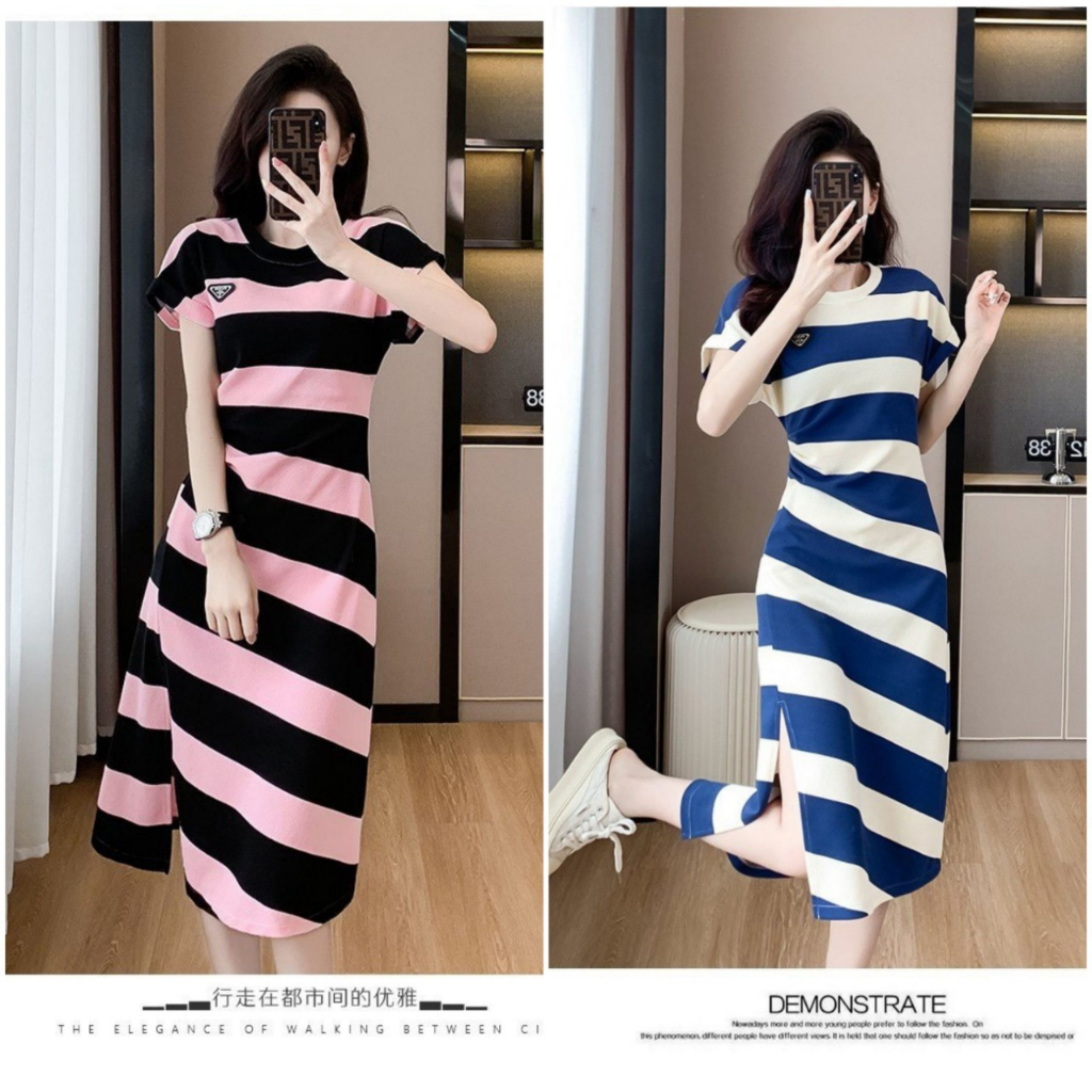 Đầm thun sọc ngang xẻ đùi đi chơi dự tiệc - Mua váy ôm body ngắn