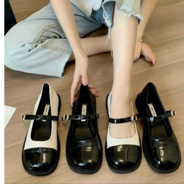 Giày búp bê nữ mũi tròn Doll⚡ GIÁ SỐC ⚡Giày bệt nữ đế bằng dây cài 2 màu kem-đen phong cách Ulzzang thời trang Hàn Quốc