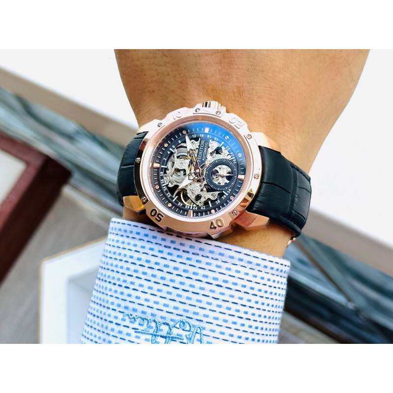 Đồng hồ nam dây da Heritor Carter Automatic Black Skeleton