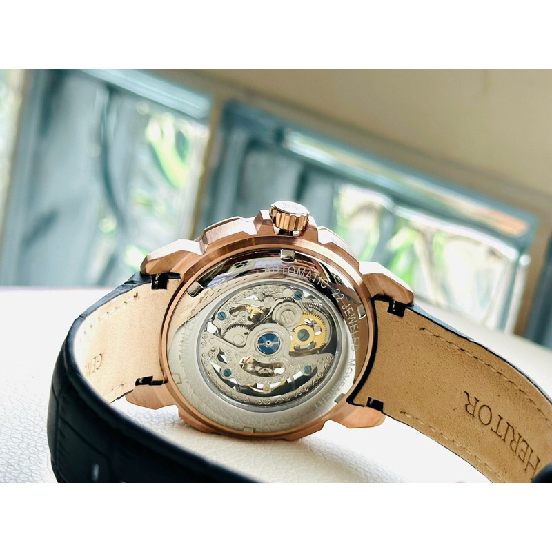 Đồng hồ nam dây da Heritor Carter Automatic Black Skeleton