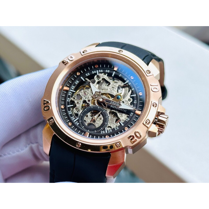 Đồng hồ nam dây da Heritor Carter Automatic Black Skeleton