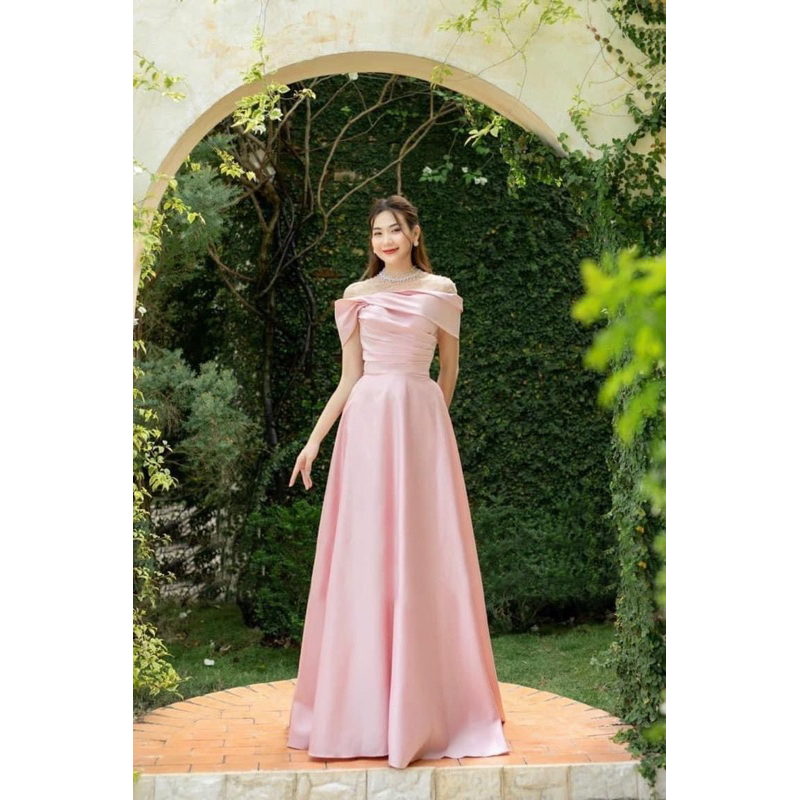 Đầm maxi mặc cưới cổ tròn lưới kết hạt ngọc bẹt vai siêu xinh - size S/M/L