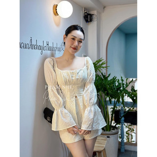 Sét đồ nữ - Sét ren hoa áo viền chun tay phồng 2 lớp kèm tag +quần sooc cạp chun