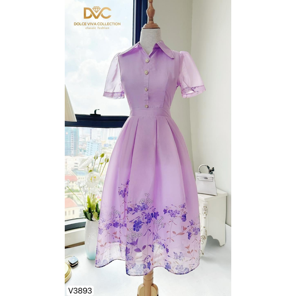 V3893 Váy sơ mi tím hoa nhí tiểu thư  váy đầm xoè hoa tím công sở