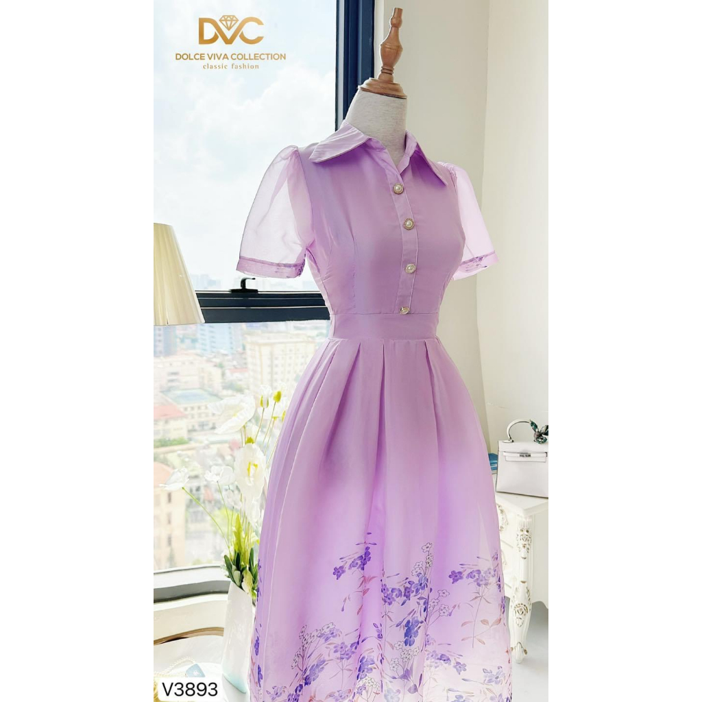 V3893 Váy sơ mi tím hoa nhí tiểu thư  váy đầm xoè hoa tím công sở