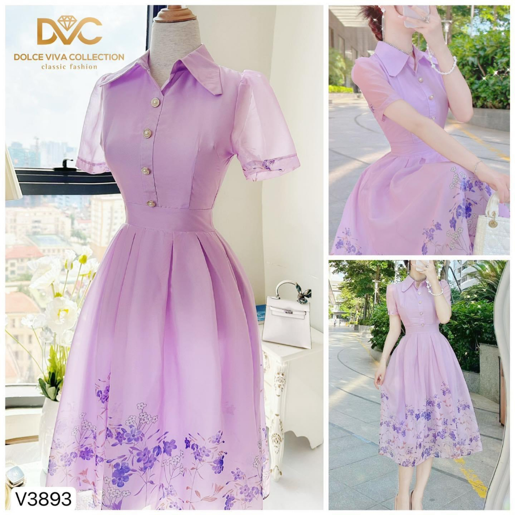 V3893 Váy sơ mi tím hoa nhí tiểu thư  váy đầm xoè hoa tím công sở