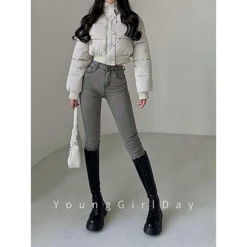 Áo Khoác Phao Crotop Dài Tay Cổ Cao Dáng Lửng Màu  Trơn