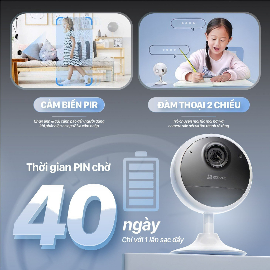 Camera wifi dùng pin trong nhà Ezviz CB1 Full HD 1080p, đàm thoại 2 chiều, quay đêm hồng ngoại, pin 1600mAh, chính hãng