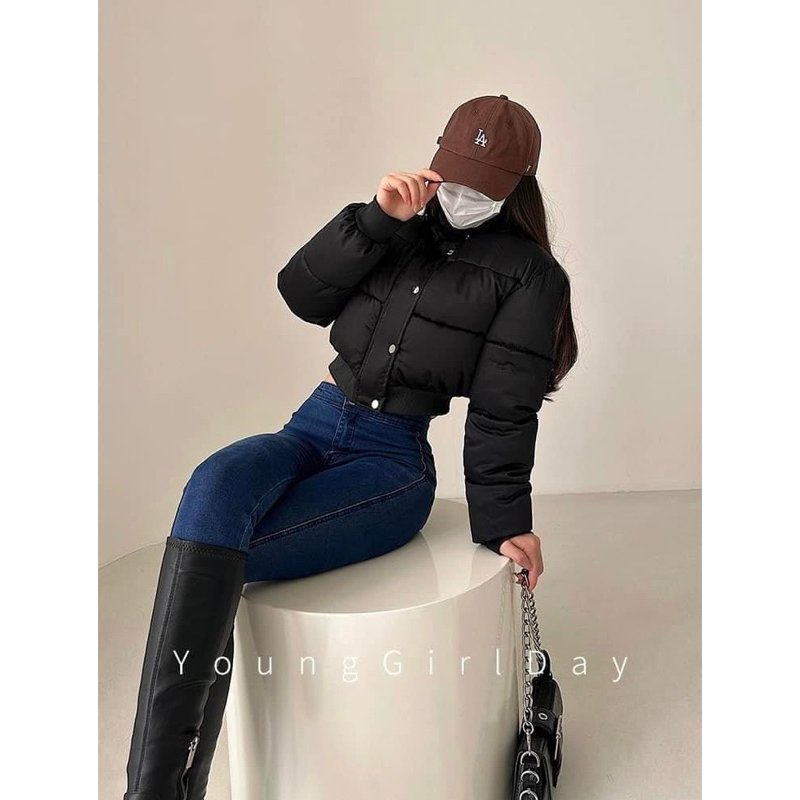 Áo Khoác Phao Crotop Dài Tay Cổ Cao Dáng Lửng Màu  Trơn