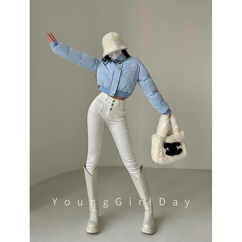 Áo Khoác Phao Crotop Dài Tay Cổ Cao Dáng Lửng Màu  Trơn