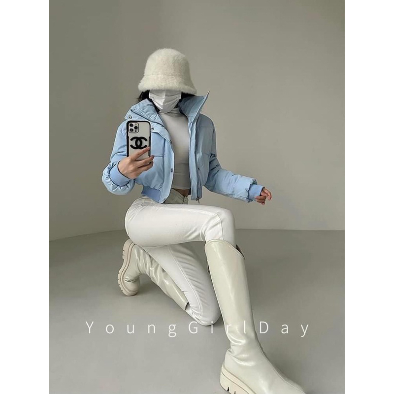 Áo Khoác Phao Crotop Dài Tay Cổ Cao Dáng Lửng Màu  Trơn