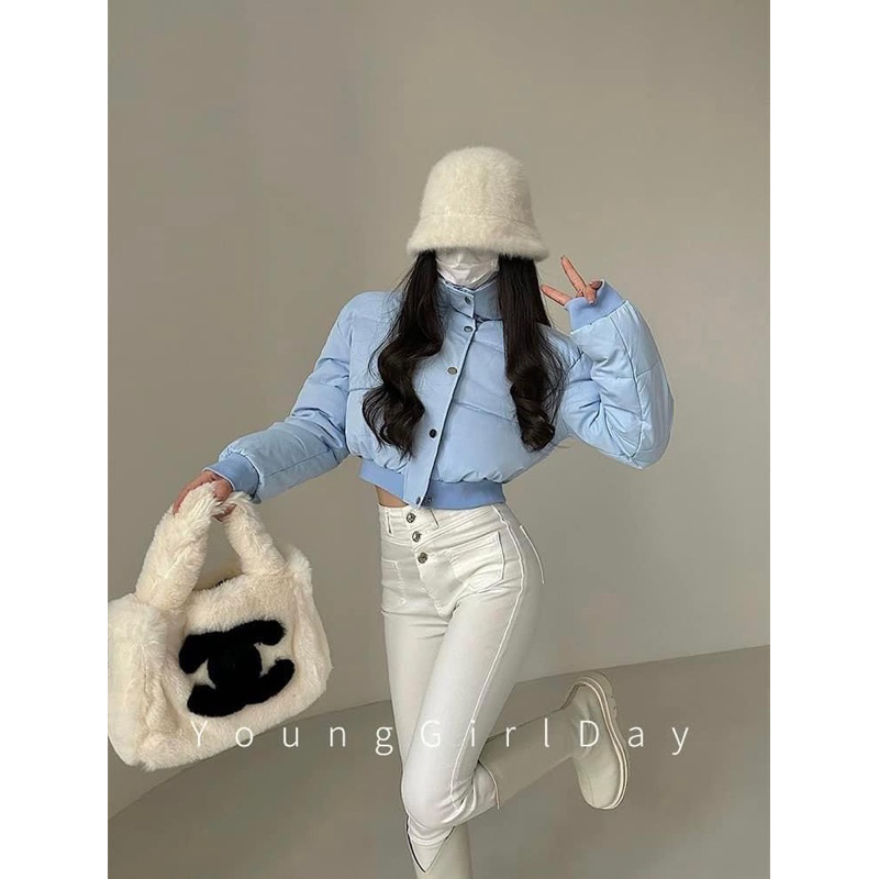 Áo Khoác Phao Crotop Dài Tay Cổ Cao Dáng Lửng Màu  Trơn