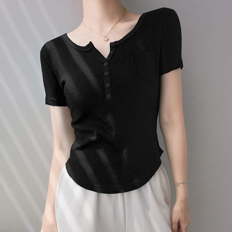 Áo thun nữ tay ngắn túi ngực ,Áo croptop đuôi tôm ,áo len tăm tay ngắn vạt bầu cực chất-NANA SHOP.