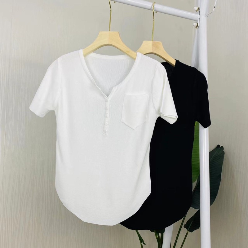 Áo thun nữ tay ngắn túi ngực ,Áo croptop đuôi tôm ,áo len tăm tay ngắn vạt bầu cực chất-NANA SHOP.