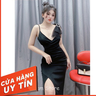 ✔️hienphamstore✔️ Đầm 2 dây đắp nơ vai, cổ chữ V tim đắp chéo dự tiệc sang trọng - DN7246