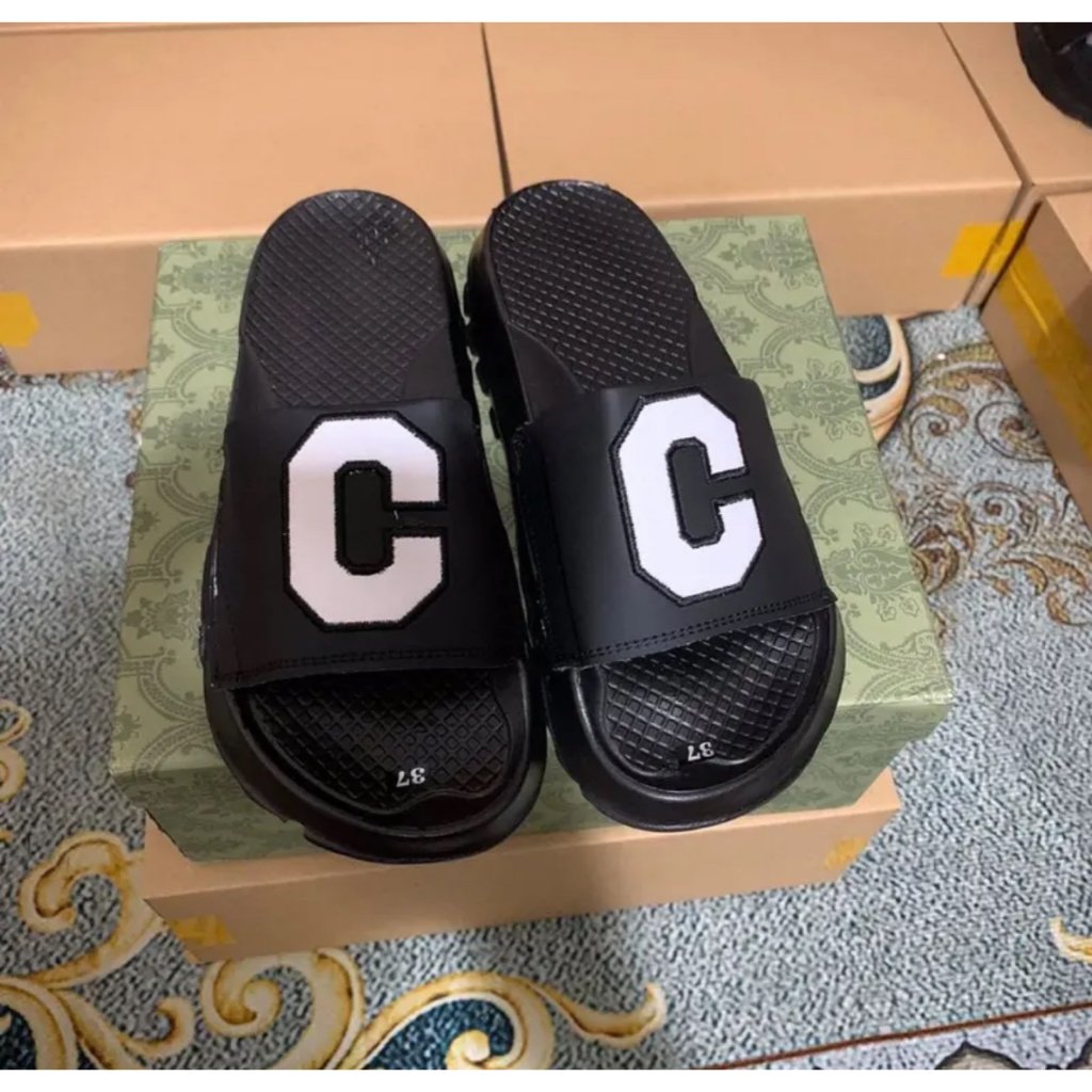 Dép quai ngang nam nữ chữ C logo thêu chữ C nam nữ đế đúc bánh mỳ độn chiều cao 5cm hottrend 2023