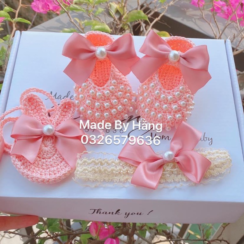 Set combo 3 giày + túi tỏi + băng đô  thiết kế Made By Hang cực xinh cho trẻ em và trẻ sơ sinh
