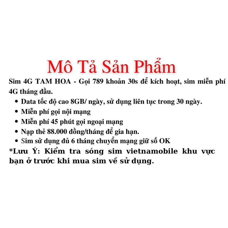 Sim Số Đẹp Vienamobile 4G Tam Hoa Giá Rẻ - Sóng Mạnh Tốc Độ Cao - Gọi Ngoại Mạng Miễn Phí - 240gb/Tháng