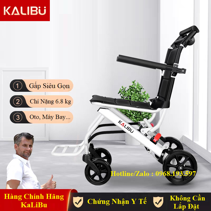 Xe lăn gấp gọn KALIBU, xe lăn du lịch xách tay nhẹ nhàng cho người già, người bệnh - BẢN CAO CẤP CÓ PHANH TAY SAU