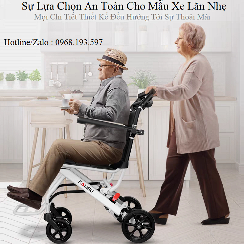 Xe lăn gấp gọn KALIBU, xe lăn du lịch xách tay nhẹ nhàng cho người già, người bệnh - BẢN CAO CẤP CÓ PHANH TAY SAU
