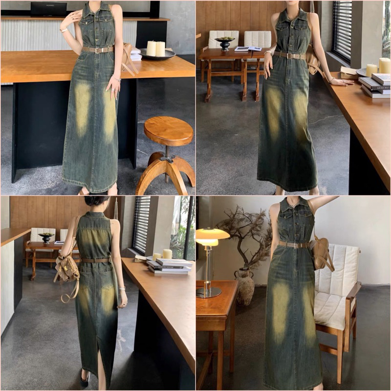 VÁY JEAN DENIM SÁT NÁCH DÁNG YẾM CỔ BẺ KÈM ĐAI CHẤT BÒ DÀY ĐẸP.