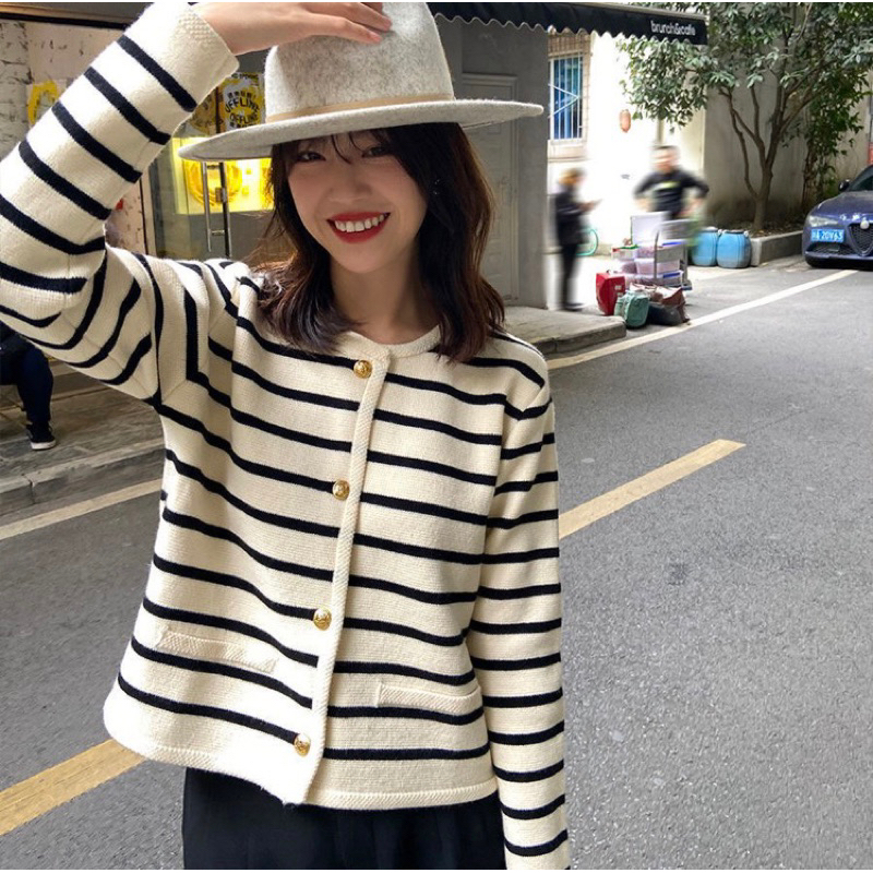Áo khoác len cadigan sọc kẻ ngang