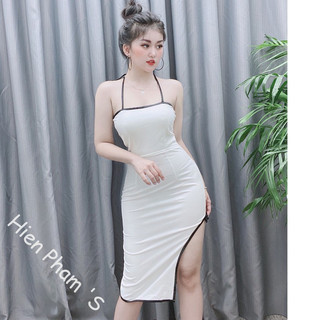 [FREE SHIP] ✔️hienphamstore✔️ Đầm yếm hở lưng  cột dây cổ, viền đen cá tính mạnh, cao cấp  đi tiệc - DN7046