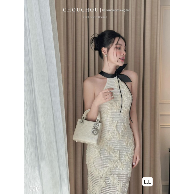 Váy Ren Cổ Yếm Phối Nơ Sát Nách Dáng Dài