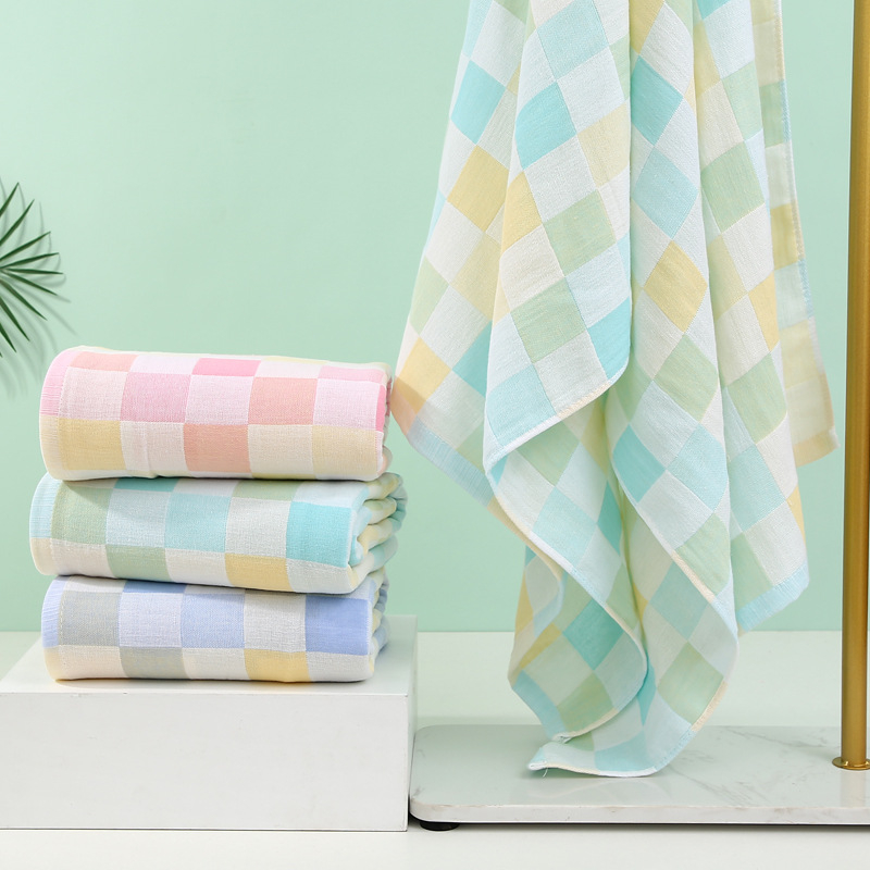 Khăn tắm cho bé vải cotton 2 lớp sọc caro, thoáng khí mềm mại thấm hút nhanh, size 70*140cm