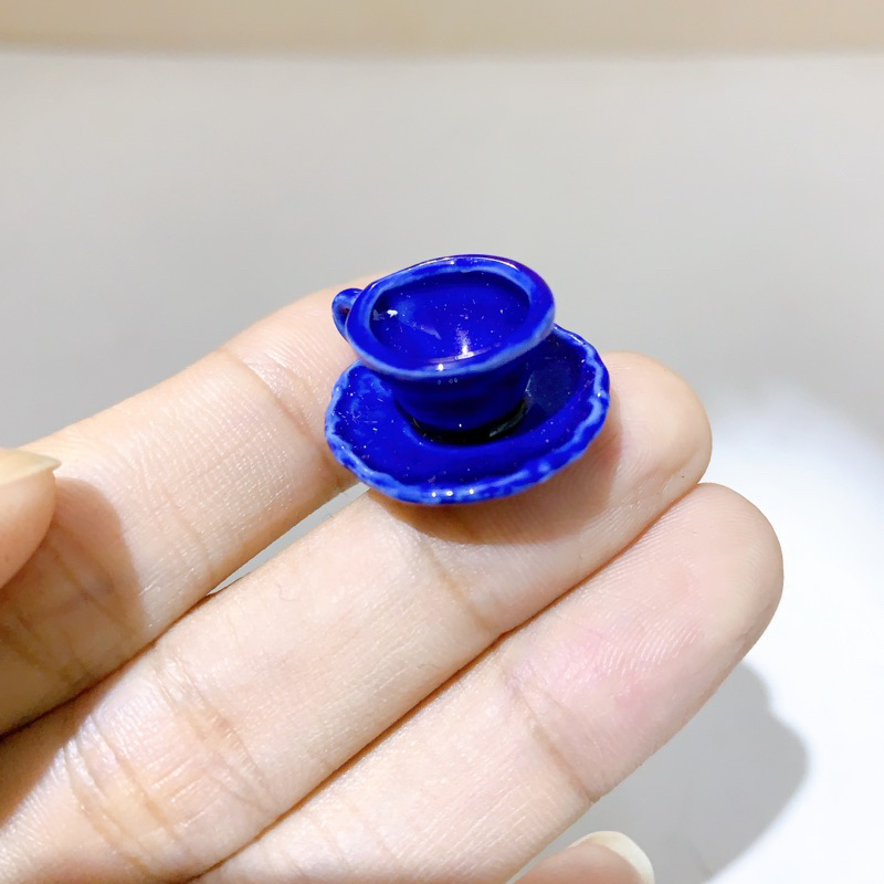 Bộ ấm trà mini bằng sứ màu xanh lam đồ chơi mô hìnhg