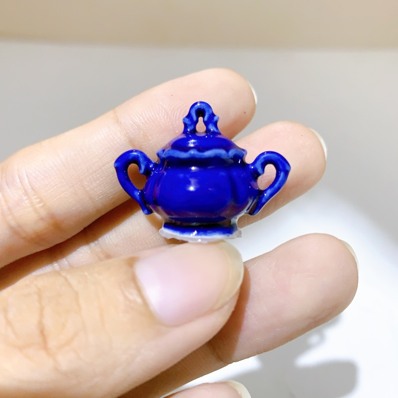 Bộ ấm trà mini bằng sứ màu xanh lam đồ chơi mô hìnhg