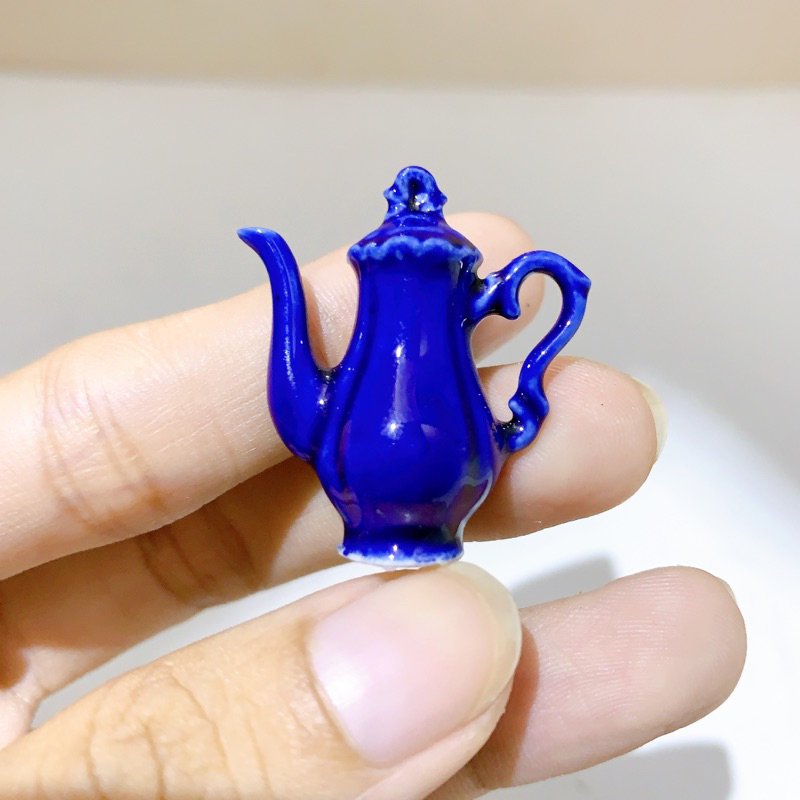 Bộ ấm trà mini bằng sứ màu xanh lam đồ chơi mô hìnhg