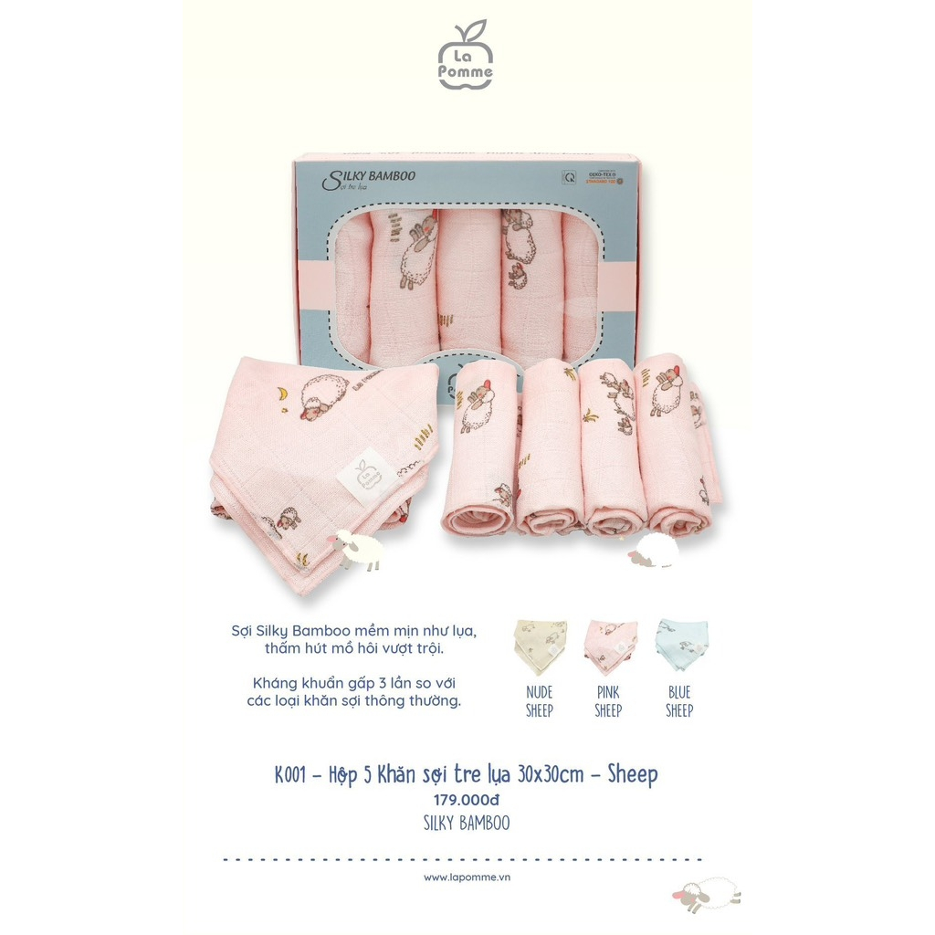 La Pomme - Set 5 Khăn sữa La Pomme sợi tre 2 lớp cao cấp  cho trẻ sơ sinh K001 FULL