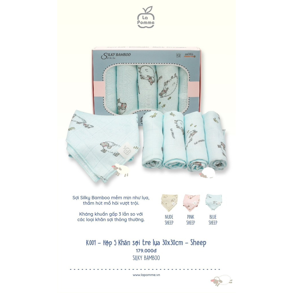 La Pomme - Set 5 Khăn sữa La Pomme sợi tre 2 lớp cao cấp  cho trẻ sơ sinh K001 FULL
