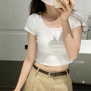 Áo thun croptop cổ vuông tay ngắn áo phông nữ vải cotton phom ôm A382