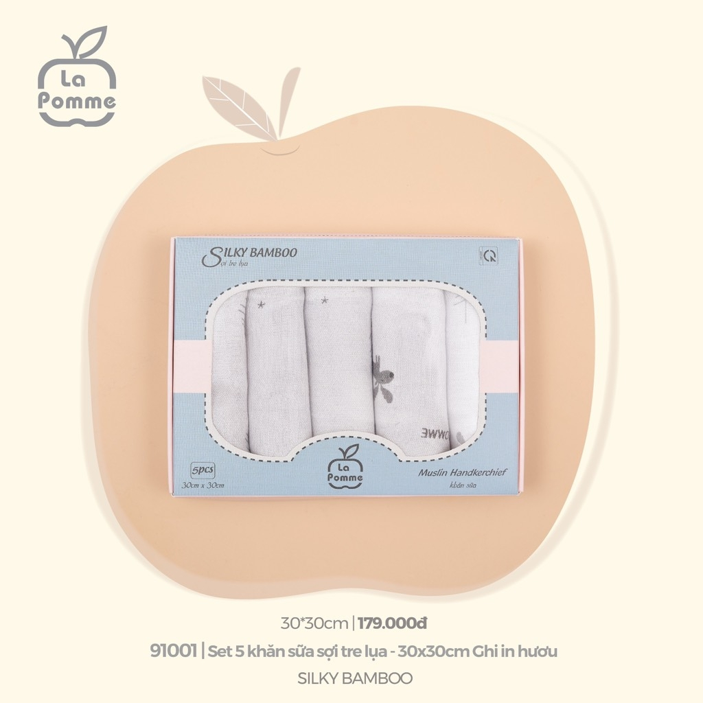 La Pomme - Set 5 Khăn sữa La Pomme sợi tre 2 lớp cao cấp ( 30x30cm) cho trẻ sơ sinh K001 FULL