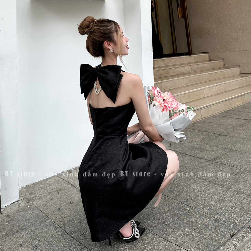 Đầm dự tiệc đính nơ chất tafta vân gỗ - BT307