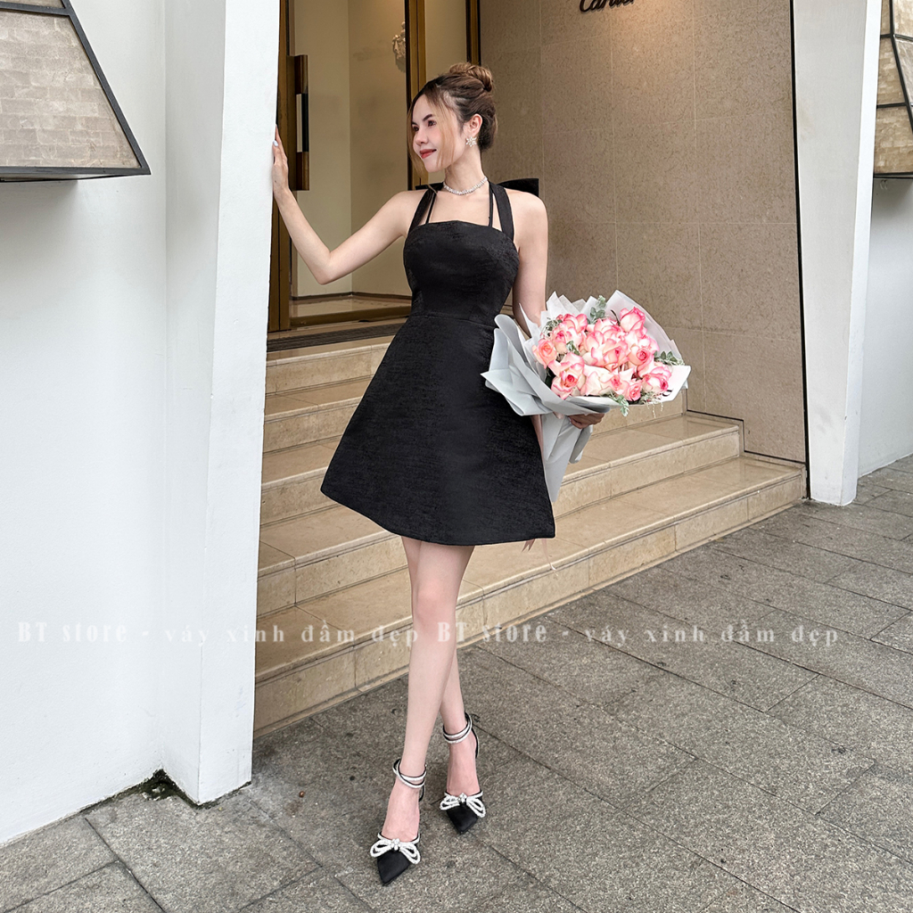 Đầm dự tiệc đính nơ chất tafta vân gỗ - BT307