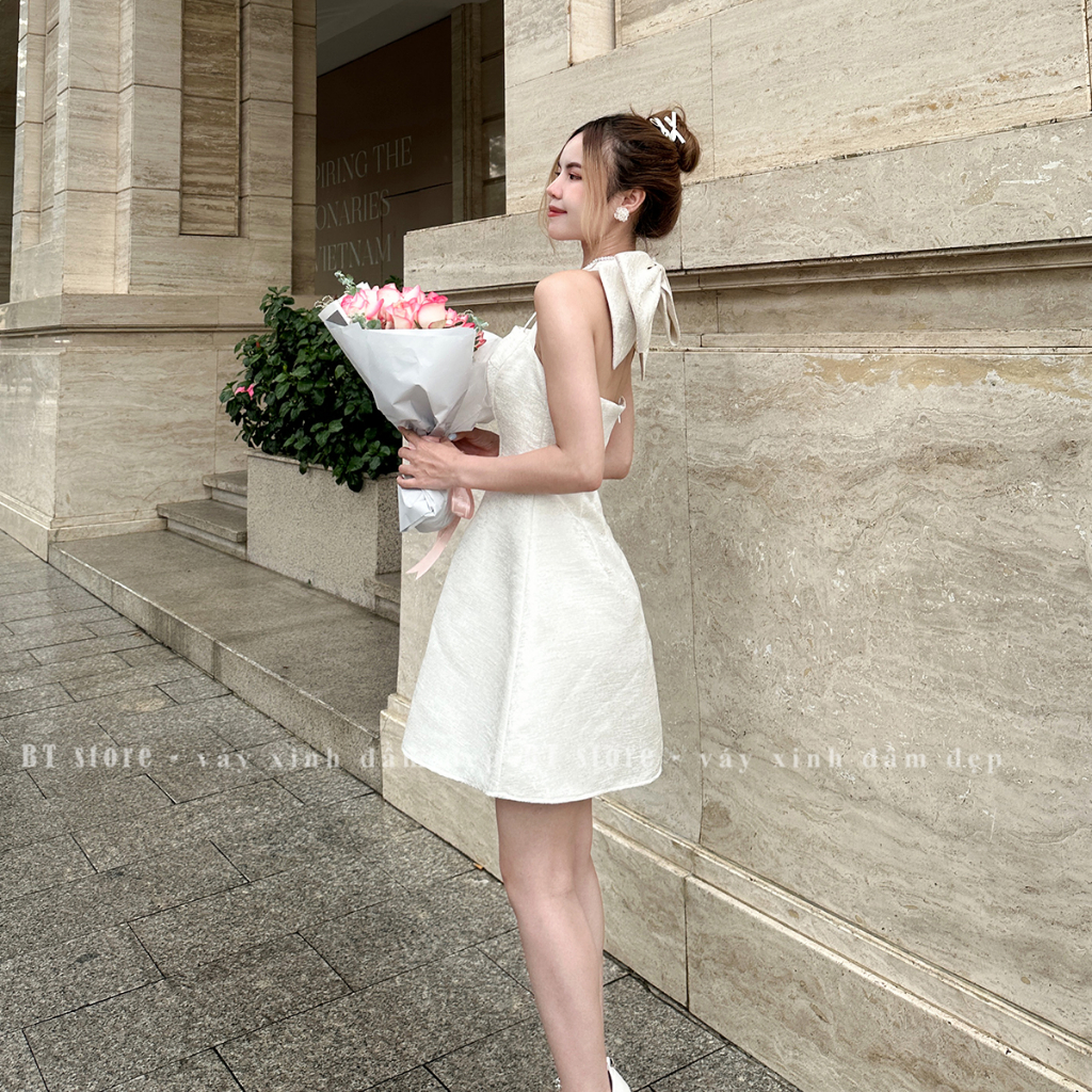 Đầm dự tiệc đính nơ chất tafta vân gỗ - BT307