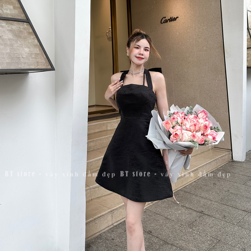 Đầm dự tiệc đính nơ chất tafta vân gỗ - BT307