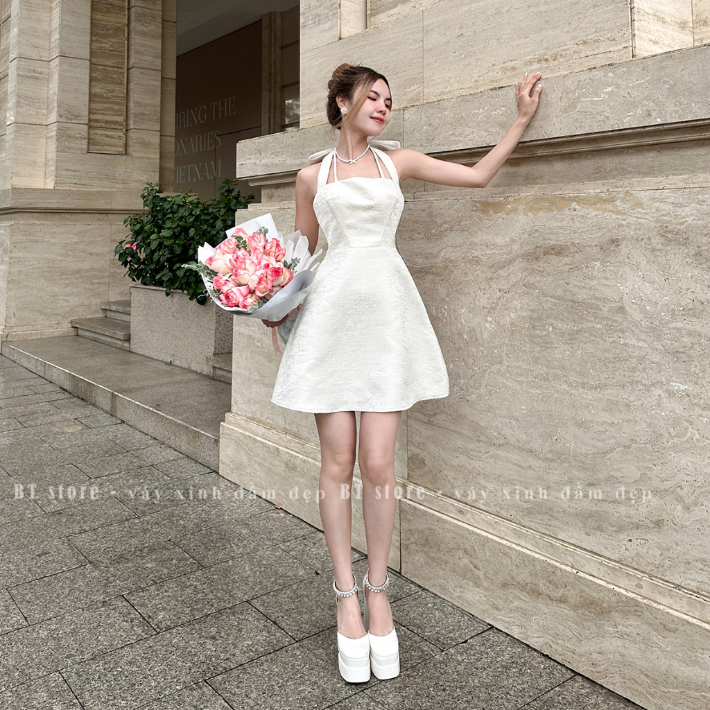 Đầm dự tiệc đính nơ chất tafta vân gỗ - BT307