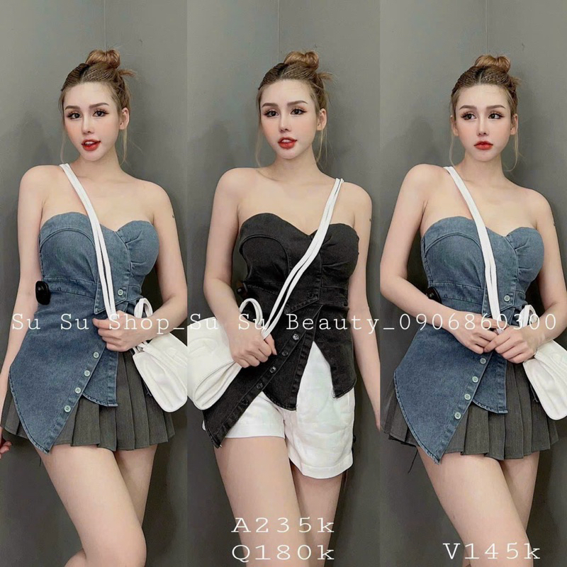 Áo ống jeans  vạt chéo form dài  lệch tà - S5K
