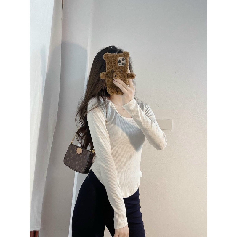 Áo thun tăm gân cổ vuông tay dài tôn dáng nữ. Áo body giữ nhiệt mùa thu đông hack dáng