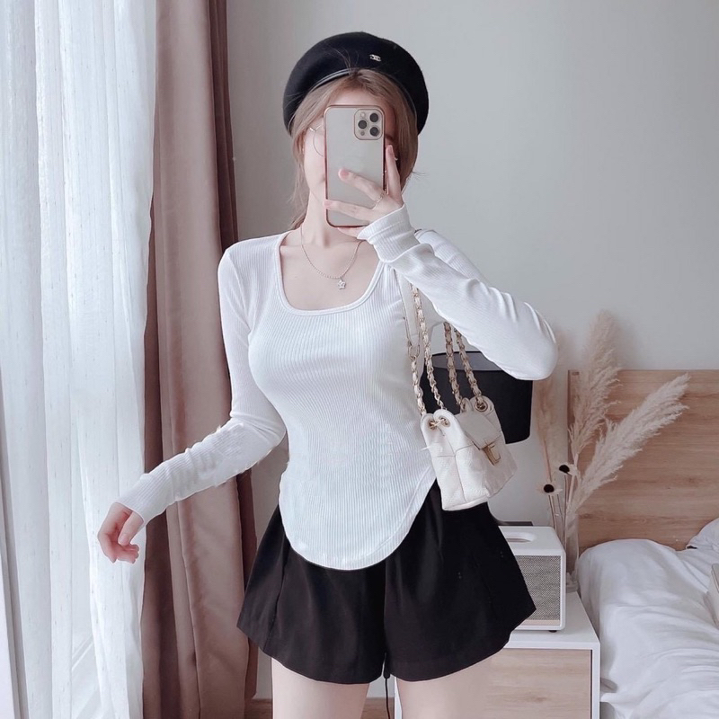 Áo thun tăm gân cổ vuông tay dài tôn dáng nữ. Áo body giữ nhiệt mùa thu đông hack dáng