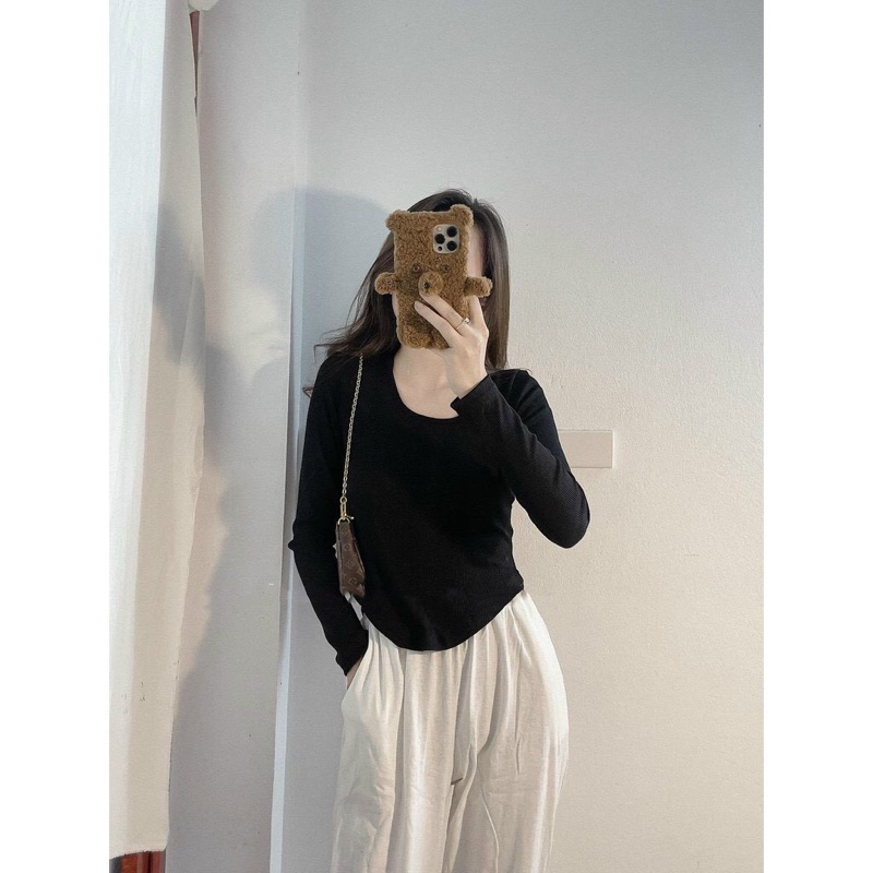 Áo thun tăm gân cổ vuông tay dài tôn dáng nữ. Áo body giữ nhiệt mùa thu đông hack dáng