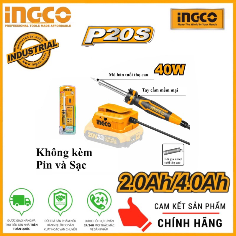 INGCO Mỏ hàn dùng pin Lithium- Ion 20V-40W (không bao gồm pin và sạc) CSILI2001